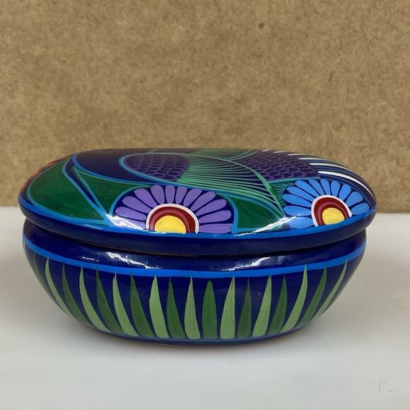 Mexican Folk Art Pottery Oval Trinket Box Hand Painted Blue Bird Flowers - Picture 2 of 10